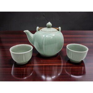 vintage 1990s celedon porcelain china rattan wrapped teapot and cups